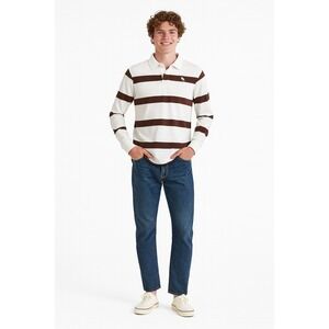 Abercrombie & Fitch Mens L Long Sleeve Brown‎ Striped Polo Shirt Moose Logo